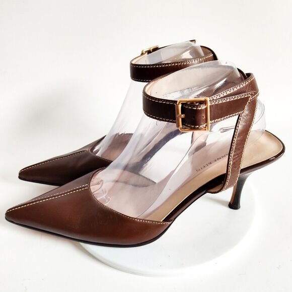 Y2K 90s Anne Klein Heels Size 9 Brown Leather Pointy Toe Ankle Strap 3" Stiletto - Picture 5 of 12